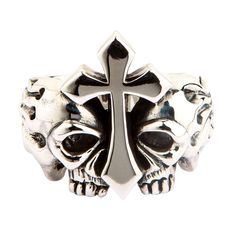 Flame Cross Skull Sterling Silver Ring ~New  Ring width : 1" x 1" inch  Ring weight : 24 grams   Material:.925 sterling silver   This one of a kind ring combines three of the most widely recognized biker symbols- skulls, crosses, and flames. Intricately designed and carved by expert craftsmen, this ring is a must-have for any biker ring collection.  The quality is amazing and the design is something that any biker would be proud to have. Make all your friend jealous when you show up with this am Silver Symbolic Skull Ring, Symbolic Silver Skull Ring, Flame Tattoo Design, Flame Ring, Flame Tattoo, Onyx Ring Men, Biker Ring, Flame Tattoos, Gothic Ring