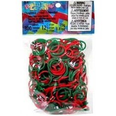 red and green jump rings in plastic bag with white tag on the front, packaged for sale