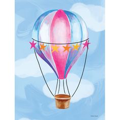 a painting of a hot air balloon flying in the sky with stars on its side