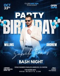 a flyer for a birthday party with a man in white jacket and sunglasses on it