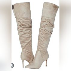 Amp Up Your Chic Outfit By Pairing The Anitah Over-The-Knee Boot By Jessica Simpson. Ruched Details On The Shaft Add A Crafty Look To This Tall Boot While The Inside Zip Closure Ensures A Comfortable Wear Experience. Stretch Supreme Microsuede. 6 1/2 M Features Faux Suede Upper Inside Zipper Closure & Elastic Stretch Insert Pointed Toe Fabric Lining Approx. 19" Shaft Height Approx. 10" Leg Opening 3" Covered Heel Synthetic Sole Imported Beige Wide Calf Knee-high Boots, Beige Fitted Suede Knee-high Boots, Jessica Simpson Boots, Side Zip Boots, Knee Boot, Tall Boot, Jessica Simpson Shoes, Chic Outfit, Tall Boots