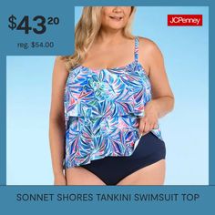 This Sonnet Shores women's plus tankini features a palm pattern in shades of blue, adjustable straps, and full coverage. It's made from a woven stretch fabric and pairs perfectly with your favorite swim bottoms. Strap Type: WideFeatures: Adjustable StrapsClosure Type: Pullover HeadSleeve Length: SleevelessSwimwear Coverage: FullFiber Content: 82% Polyester, 18% ElastaneFabric Description: WovenLining Material: PolyesterCare: Line Dry, Hand WashCountry of Origin: Imported Palm Pattern, Tankini Swimsuit, Tankini Swimsuit Top, Swim Bottoms, Swimsuit Tops, Shades Of Blue, Tankini, Stretch Fabric, Adjustable Straps