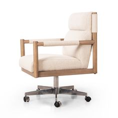 an office chair with wheels and a white upholstered fabric seat, viewed from the front