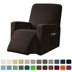 an upholstered reclining chair with various colors and options for the seat cover