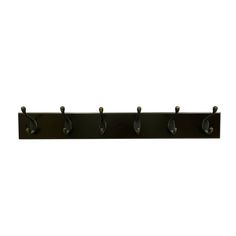 the coat rack has five hooks on it and is made out of black metal with brass accents