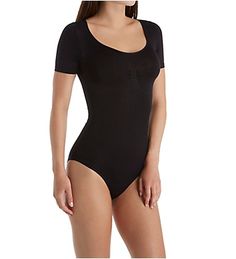 MeMoi SlimMe Short Sleeve Brief Bodysuit Solid Nylon Bodysuit With Built-in Bra, Stretch Leotard With Built-in Bra And Scoop Neck, Stretch Nylon Bodysuit With Built-in Bra, Stretch Bodysuit With Built-in Bra, Micro-elastic Shapewear Bodysuit, Fitted Full Coverage Bodysuit With Seamless Construction, Micro-elastic Leotard With Lined Body, Nylon Shapewear Bodysuit, High Stretch Seamless Nylon Shapewear