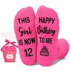 two pink slippers with the words, this girl birthday is now to me