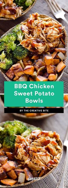 bbq chicken sweet potato bowls with broccoli and carrots on the side