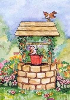 a painting of a bird sitting on top of a potted plant in front of a gazebo