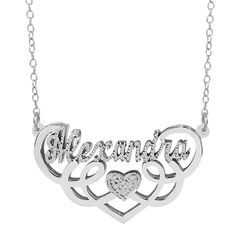 Stand out with our feminine handcrafted Fancy Double Name Necklace made by artisans out of either: Silver Plated, Gold Plated, 925 Sterling Silver, or 14K Gold Over Sterling Silver. This piece can be personalized with 20 Cubic Zirconia as an upgrade and holds a name of up to 10 Characters (Letters only NO numbers or special characters). Necklaces showed with the Default Chain. Sterling Silver option comes with Link Chain as default. You can upgrade to your preference for an additional cost. Meas Silver Diamond Round Name Necklace, Luxury Sterling Silver Nameplate Necklace, Luxury Silver Round Name Necklace, Luxury Silver Name Necklace With Diamond Accents, Personalized Elegant Sterling Silver Diamond Necklace, Personalized Sterling Silver Diamond Necklace For Wedding, Personalized White Gold Diamond Jewelry, Elegant Personalized Sterling Silver Diamond Necklace, Luxury Silver Diamond Name Necklace