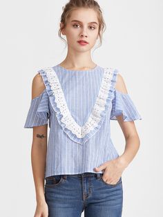 Shop Blue Striped Eyelet Embroidered Ruffle Trim Cold Shoulder Top online. SheIn offers Blue Striped Eyelet Embroidered Ruffle Trim Cold Shoulder Top & more to fit your fashionable needs. Áo Blu, Blouse Collar, White Ruffle Blouse, Eyelet Blouse, Couture Mode, White Eyelet, Blouse White, Cold Shoulder Top