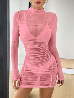 Mesh Ruched See Through Bodycon Mini Dress Pink Sexy  Long Sleeve Mesh Fabric Plain Bodycon High Stretch  Women Clothing, size features are:Bust: ,Length: ,Sleeve Length: Sexiest Dresses, Ruffle Bodycon Dress, Pink Clothes, Sheer Mini Dress, Mesh Bodycon Dress, Shiny Clothes, Mini Dresses For Women, Silk Mini Dress, Pink Outfits