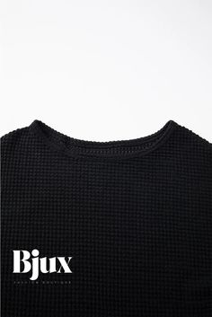 Bjux - Versatile Black Waffle Knit Drop Shoulder Long Sleeve Top: Exceptional Comfort and Style Textured Crew Neck Tops For Winter, Casual Textured Winter Top, Casual Textured Top For Winter, Black Waffle Knit Winter Sweater, Drop Sleeve, Tops Long Sleeve, Color Fabric, Waffle Knit, Drop Shoulder