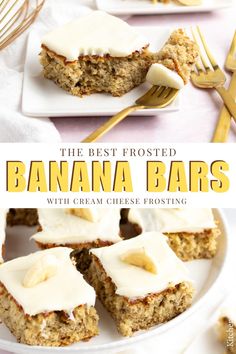 the best frosted banana bars with cream cheese frosting are on a white plate