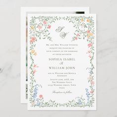 an elegant floral wedding card with the letter s on it's front and bottom