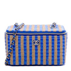 Gorgeous Chanel Vanity Raffia Bag Designer Blue Top Handle Box Bag, Designer Blue Box Bag With Top Handle, Designer Blue Box Bag With Removable Pouch, Travel Blue Box Bag, Designer Blue Box Bag For Travel, Designer Blue Tote Box Bag, Blue Crossbody Box Bag With Gold-tone Hardware, Blue Tote Box Bag With Gold-tone Hardware, Chanel Vanity