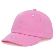 a pink baseball cap with white polka dots on the front and side panels, sitting in front of a white background