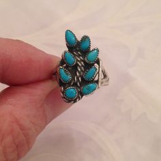 Zuni Turquoise Ring Silver Petit Point Teardrop Rich Turquoise Stones Flower Design Rope Southwest Native American Vintage Boho Ring Size 5 Rings Vintage Boho, Cushion Cut Earrings, Native American Vintage, Southwest Boho, Turquoise Ring Silver, All Gems, Shades Of Turquoise, Stone Inlay, Turquoise Stones