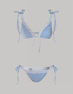 The Sophie bikini is an exquisite fusion of contemporary allure and playful elegance. The triangle bikini top and adjustable low-rise bottoms showcase a mesmerizing blue gingham pattern, adorned with Sangallo ribbon lace details. Expertly crafted from our luxurious Vichy print stretch ribbed fabric, this bikini guarantees a flattering silhouette with its padded bra for comfort. The Sophie bikini effortlessly combines fashion-forward design with classic femininity for a summer style statement. Senior Trip Outfits, Gingham Outfit, Unique Bikinis, Gingham Pattern, Summer Lookbook, The Triangle, Cute Swimsuits, Printed Swim, Blue Gingham