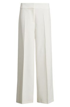 Sharp front pleats create a refined appearance on these wide-leg pants expertly tailored to elevate both in-office and off-duty looks. 31" inseam; 24 1/2" leg opening; 10 3/4" front rise; 15 3/4" back rise Zip fly with hook-and-bar closure 89% polyester, 11% spandex Dry clean Imported Spring Workwear Wide Leg Pants, Spring Workwear Wide Leg Pants With Straight Hem, Spring Wide Leg Pants For Workwear With Straight Hem, Chic White Wide Leg Pants For Office, White Wide Leg Pants For Spring Formal, White Wide Leg Formal Bottoms, Tailored White Wide Leg Pants, White Wide Leg Pants For Formal Spring Events, Classic White Wide Leg Pants For Work