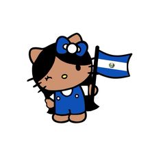 a cartoon cat holding a flag and wearing blue overalls with an el salvador flag on it's back