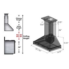 a drawing of a stove with measurements for the top, bottom and bottom part of it