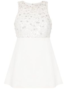 ivory white sequin embellishment faux-pearl embellishment round neck concealed rear zip fastening sleeveless thigh-length straight hem White Mini Dress With Back Zipper For Cocktail, Sleeveless Sequined Mini Dress For Weddings, Mini Length Contrast Sequin Dress For Wedding, Mini Length Contrast Sequin Wedding Dress, White Embellished Mini Dress For Prom, White Party Dress With Back Zipper, Sleeveless Embellished Mini Dress For Prom, Embellished Sleeveless Mini Dress For Prom, Spring White Embellished Sequin Dress