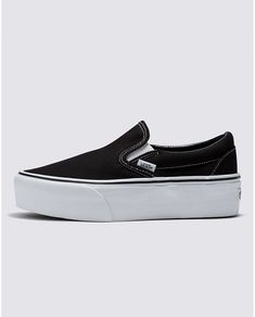 Vans Classic Slip-On Stackform Shoe Black/Classic White VN0A7Q5RBMX - APLAZE Platforms Aesthetic, Black Slip On Vans, Slip On Vans, Vans Store, Vans Logo, Black Slip On, Platform Mary Janes, Shoe Black, Snowboard Boots