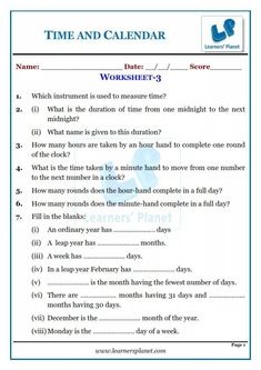 time and calendar worksheet with answers for students to use in the school's classroom