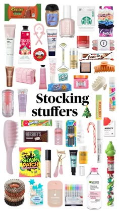 the words stocking stuff is surrounded by various items and products that are on display