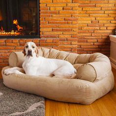 a dog is laying in his bed by the fireplace