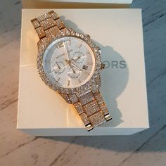 Gold-Tone Michael Kors Women's Rhinestone Watch Rhinestone Watch, Gold Michael Kors Watch, Rhinestone Watches, Michael Kors Collection, Michael Kors Watch, Gold Watch, Accessories Watches, Bracelet Watch, Gold Tones