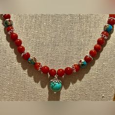 New Beautiful Turquoise Charm, Cloisonn And Red Coral Jade Beaded Necklace. Necklace Is 17 1/2 Inches Long. Jade Bead Necklace, Coral Beads Necklace, Turquoise Charm, Long Necklaces, Coral Jewelry, Craft Corner, Necklace Necklace, Coral Beads, Jade Beads