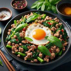 an egg in a frying pan with green vegetables and chopsticks