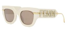 FE40097I Sunglasses by Fendi. Shape: Geometric, Material: Acetate, Color: Shiny Ivory / Brown, Size: 51-23-140. The Fendi glasses are just the perfect way to add a touch of luxury to any outfit. Crafted in Italy with impeccable precision utilizing premium-grade acetate and metal, these pieces are the epitome of luxury: eccentric yet charming shapes, rich finishes and bold colors. Each frame features exquisite signature detailing. From legendary double "F" logo and iconic FF Baguette motif, to modernized O’Lock logo and Fendi Brush lettering. The hues are usually mixed for creation of new shades (caramel, cream, orange). Different combinations of textures along with bright and contrast colors make Fendi glasses stand out in the crowd. In addition to their outstanding design, the frames are Elegant Cream Sunglasses With Tinted Lenses, Luxury White Sunglasses For Spring, Modern Beige Sunglasses For Formal Occasions, Chic Beige Sunglasses For Formal Occasions, Designer Beige Sunglasses With Gradient Lenses, Luxury Cream Sunglasses With Gradient Lenses, Designer White Sunglasses For Formal Occasions, Luxury Beige Sunglasses, Designer Beige Sunglasses With Tinted Lenses