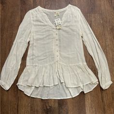 Nwt. Smoke Free Home. Material Is 100% Viscose Chic Flowy Button-up Top, Flowy Button-up Top For Spring, Flowy Button-up Summer Tops, Casual Flowy Long Sleeve Top, Flowy Long Sleeve Casual Top, Casual Flowy Top For Brunch, Casual Button-up Tops For Brunch, Casual Flowy Blouse For Brunch, White Eyelet Blouse