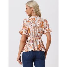 Get ready to turn heads with this stunning Allegra K wrap blouse! The gorgeous floral prints and ruffle details make this wrap peplum blouse an absolute showstopper. Whether you're strolling along the beach or enjoying a night out on the town, this tie-waist blouse is the perfect choice. Pair it with your favorite jeans and high heels, and get ready to feel confident and stylish all night long! Summer Floral Print Peplum Top, Floral Print Peplum Tops For Summer, Summer Peplum Tops With Floral Print, Summer Feminine Floral Print Peplum Top, Floral Print Short Sleeve Peplum Top For Spring, Summer Floral Print Peplum Top With Short Sleeves, Summer Short Sleeve Peplum Top With Floral Print, Feminine Floral Print Peplum Top For Spring, Spring Floral Print Feminine Peplum Top