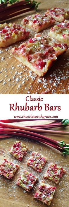 some food that is on top of a wooden table and in front of the words, classic rhubarb bars