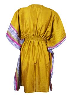 Indulge in the luxurious comfort of this beautiful Women Sari Kaftan Dress. Packed with personality, this blue and yellow print dress is sure to be your favorite layering piece! Crafted from light and airy fabric with one-size fit, wrap yourself in cozy warmth and elegance every time. The kimono caftan works well as a beach short dress and is great for travel and vacations. Kaftans are easy to dress up with jewelry and stylish shoes and fit all misses and plus size bodies. A kaftan with kimono s Gold Kaftan For Summer Vacation, Yellow Bohemian Dress With Kimono Sleeves, Bohemian Yellow Dress With Kimono Sleeves, Yellow Tunic Dress For Beach, Yellow Tunic Beach Dress, Yellow Tunic Dress For The Beach, Yellow Beach Dress With Kimono Sleeves, Yellow Beach Dresses With Kimono Sleeves, Yellow Kimono Sleeve Beach Dress