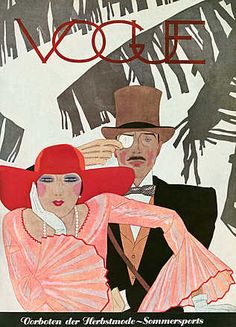 an old fashion magazine cover with a man and woman in the background wearing red hats