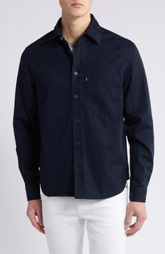 Casual and versatile, this shirt made of soft cotton features a dark-navy wash and a fit that looks great whether you wear it tucked or untucked. 29" length; 42" chest (size Medium) Front button closure Spread collar Long sleeves with button cuffs Chest patch pockets 100% cotton Machine wash, dry flat Imported Casual Navy Button-up Shirt, Navy Button-up Casual Shirt, Navy Button-up Shirt, Blue Relaxed Fit Button-up Dress Shirt, Unstructured Indigo Button-up Shirt, Dark Navy, Button Up Shirts, Button Up, Dark Blue