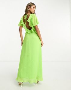 ASOS DESIGN frill detail wrap maxi dress in bright lime texture | ASOS British Fashion Awards, Wrap Maxi Dress, Christmas Jumper Dress, Frill Sleeves, Dress Rental, Winter Wedding Dress, Dress Satin, Maxi Wrap Dress, Active Wear Leggings