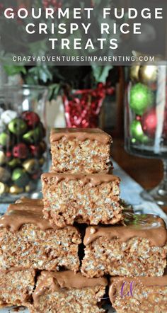 homemade gourmet fudge crispy rice treats stacked on top of each other