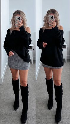 Knee High Boots Black Outfit, Over The Knee Boot Dress Outfit, Over Knee Boots Outfit Night, Black Wrap Sweater Outfit, Knee High Boots Outfit Fall 2023, Sweater Going Out Outfit, Curvy Thanksgiving Outfit, Over The Knee Boot Outfit Casual, Black Suede Knee High Boots Outfit