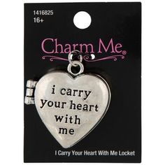 Full Text: 	 I Carry Your Heart With Me Details: 	 Dimensions: 1.38" x 1.32" 	 Material: Metal 	 Color: Black 	 Metal Color: Antique Silver 	 Age Grade: 16+ 	 Quantity: 1 Ornament bracelets and necklaces with this I Carry Your Heart Locket. This locket has a heart shape with a sentimental phrase etched across each side. It opens at a magnet clasp to hold a small photo or keepsake. Use it to add unique character and shine to a variety of accessories. Personalize your outfits down to the smallest Nickel-free Heart-shaped Meaningful Jewelry, Heart-shaped Jewelry For Valentine's Day, Heart-shaped Charms Jewelry For Best Friend Gift, Heart-shaped Metal Jewelry For Best Friend's Gift, Heart-shaped Metal Jewelry For Best Friend, Valentine's Day Adjustable Locket Necklace, Inspirational Heart-shaped Jewelry For Best Friend, Valentine's Day Locket Necklace, Heart-shaped Meaningful Jewelry For Valentine's Day