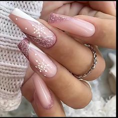 24pcs Glossy Long Ballerina Fake Nails, Pink Glitter Press On Nails With Snowflake Design Christmas Full Cover False Nails For All Her Nails, Pretty Nail Art Designs, New Year's Nails, Nailed It, Coffin Nails Designs, Fancy Nails, Manicure E Pedicure, Artificial Nails