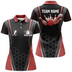 a women's bowling jersey with the name team name on it and two pins in the back