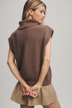 51% viscose, 27% polyester, 22% polyamide Pullover styling Hand wash Imported | Mock-Neck Muscle Sweater Vest by Maeve in Brown, Women's, Size: Smallmall, Polyester/Polyamide/Viscose at Anthropologie Versatile Funnel Neck Top For Fall, Oversized Funnel Neck Tops, Versatile Relaxed Fit Knit Top For Fall, Turtleneck Sweater Vest For Work In Fall, Oversized Knit Top With Funnel Neck, Knit Funnel Neck Top For Layering, Funnel Neck Tops For Fall Workwear, Stretch Sweater Vest For Winter Workwear, Fall Funnel Neck Workwear Top