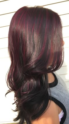 Brunette Color Highlights, Black N Purple Hair, Red And Purple Highlights On Dark Hair, Dark Pink And Black Hair, Dark Red Hair With Pink Highlights, Chunky Streaks Hair, Dark Purple Hair With Highlights, Draculara Hair Dye, Dark Purple Hair Highlights