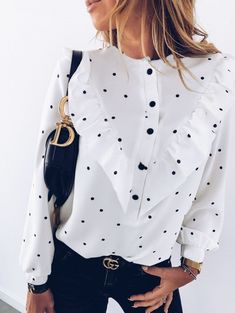 White Dotted Blouse Long Sleeve Ruffle Shirts with Dots Streetwear Tops, Polka Dot Shirt, Ruffle Long Sleeve, Ruffle Shirt, Elegant Shirt, Polka Dot Blouse, Women Shirts Blouse, Blouse Shirt, Soft Tops